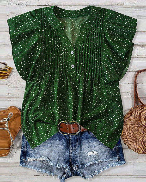 Ruffle Sleeve V-Neck Polka Dot Blouse