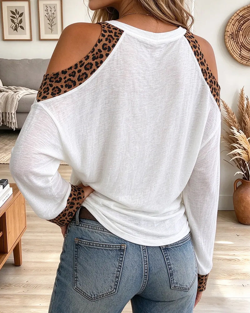 V-Neck Off-Shoulder Leopard Print Loose Blouse