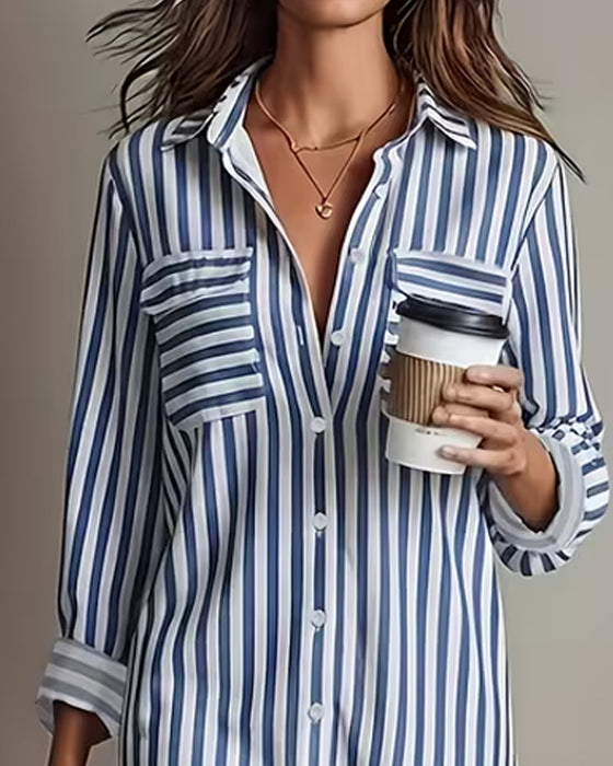 Lapel Vertical Stripe Shirt Dress