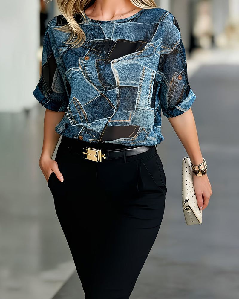 Denim-Like Patchwork Print Crewneck Loose Fit Top