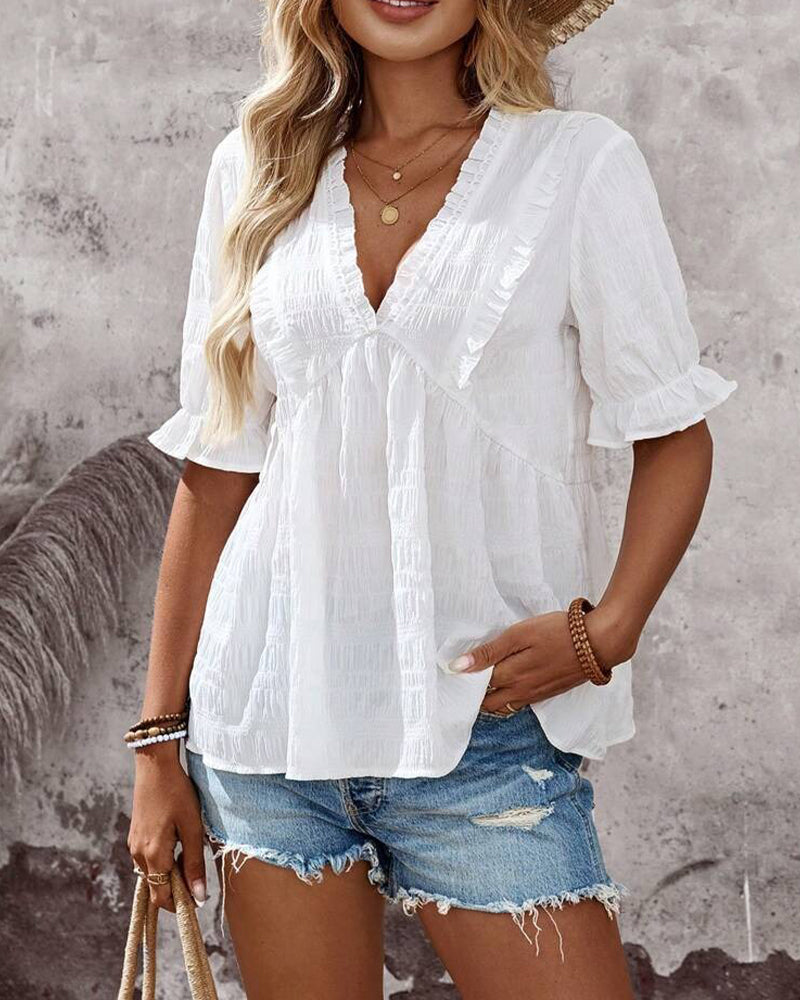 V-Neck Ruffle Solid Babydoll Blouse