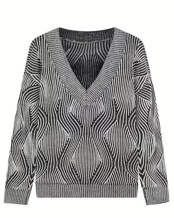 Geometric Striped V-Neck Long-Sleeved Pullover