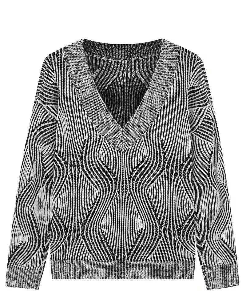 Geometric Striped V-Neck Long-Sleeved Pullover