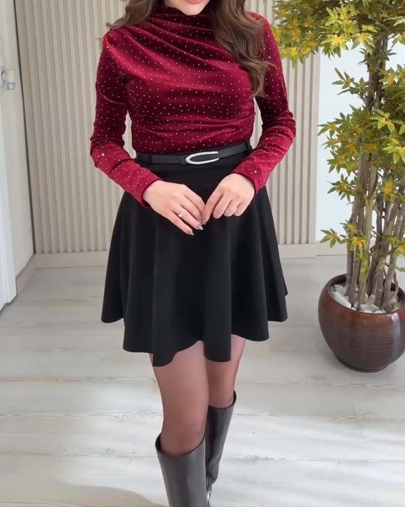 Solid Color Shimmering Long-Sleeved Top