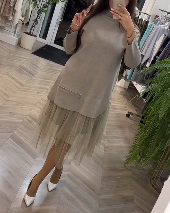 High collar mesh patchwork dress