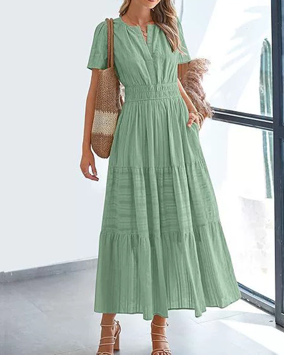 V-Neck Shirred Puff Sleeve Short Sleeve Dress