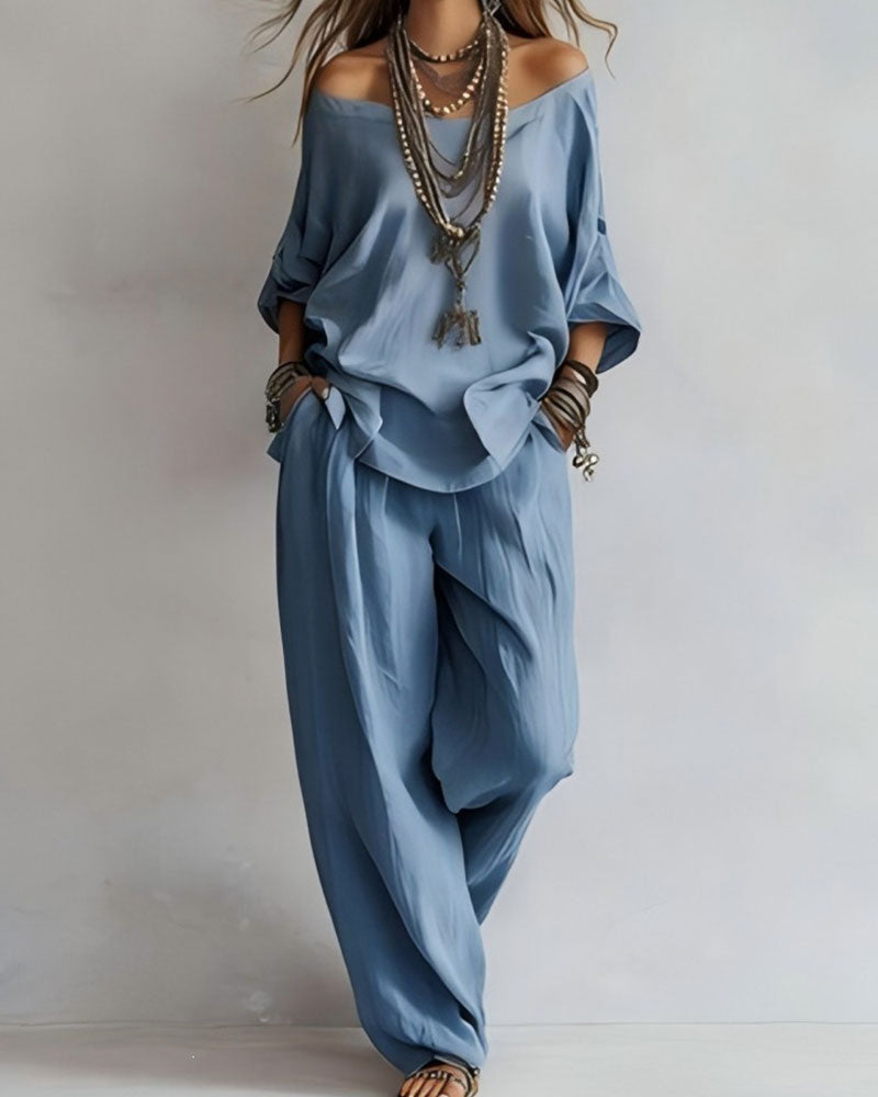 Off-Shoulder Wide-Leg Pants Two-Piece Set