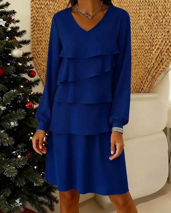 V-Neck Long Sleeve Tier Layer Dress
