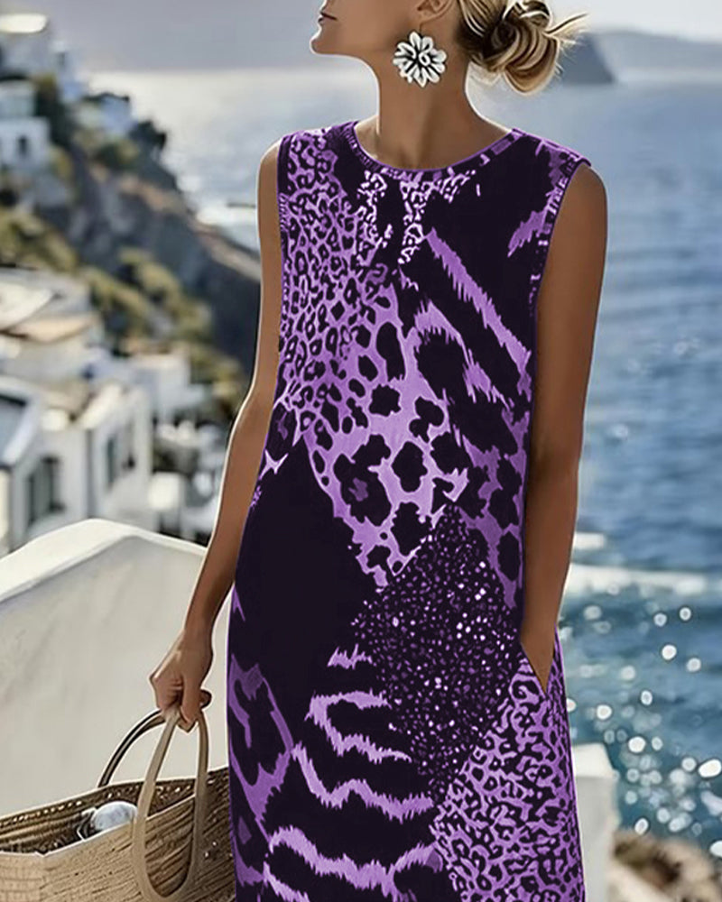 Patchwork Leopard Print Sleeveless Long Dress