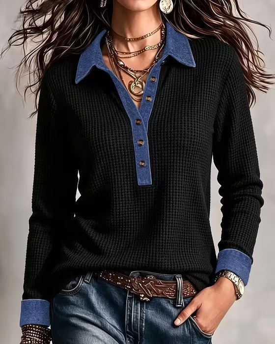 Relaxed Denim Collar Panel Long Sleeve Blouse