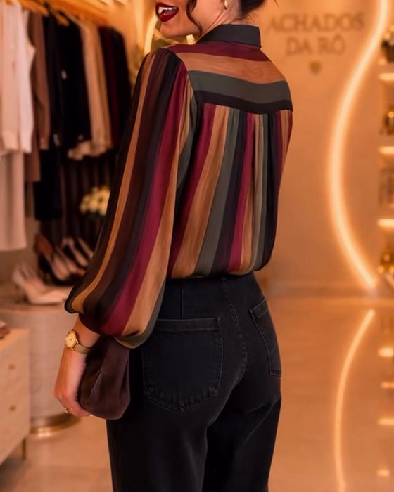 Retro Stripe Puff Sleeve Blouse