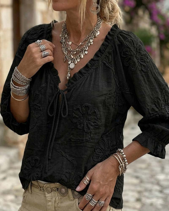 100% Cotton V-Neck Wrap Tie Ruffled Blouse