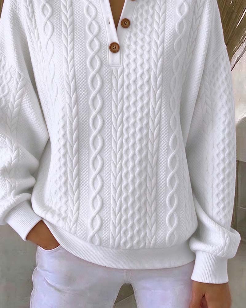 V-Neck Buttoned Cable Solid Color Sweatshirt