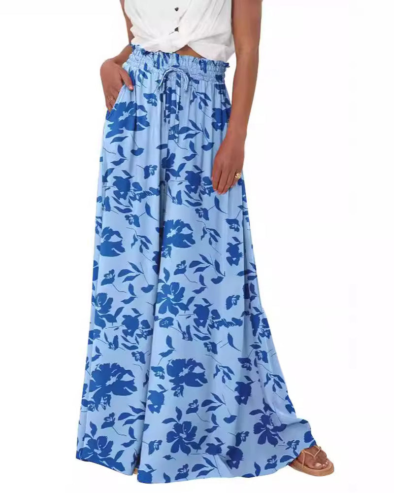 Floral Solid Color High-Waist Wide-Leg Pants
