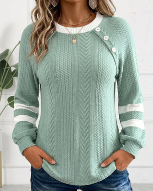 Crew Neck Button Striped Jacquard Sweatshirt