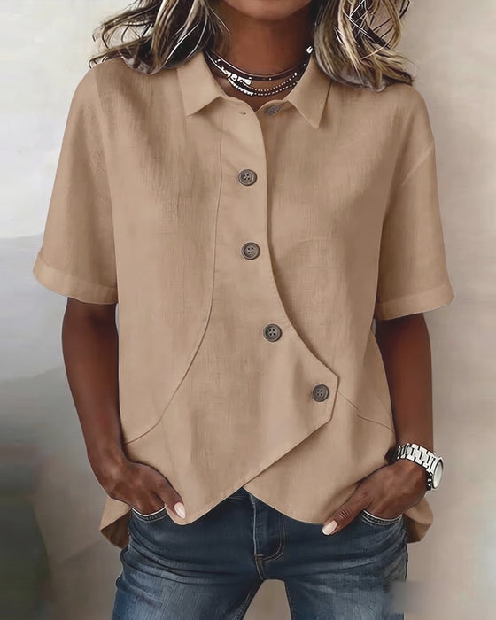 Asymmetrical Cotton Linen Placket Button-Down Shirt