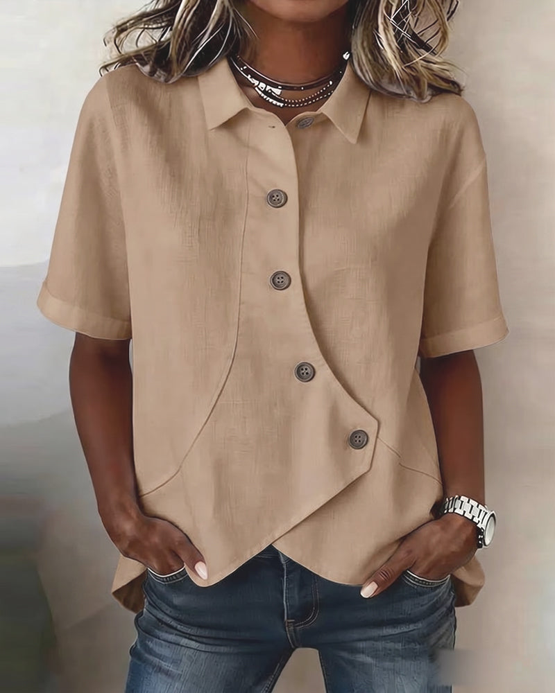 Asymmetrical Cotton Linen Placket Button-Down Shirt