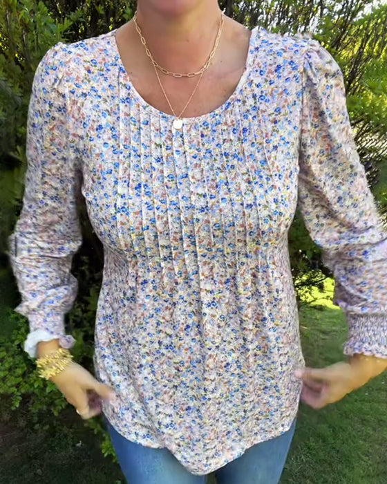 Puff Sleeve Floral Pleated Top