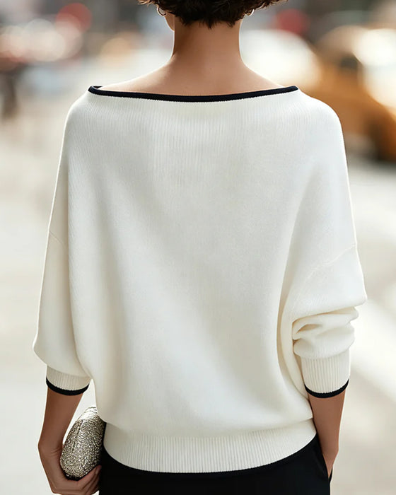 One-Shoulder Drop Shoulder Long Sleeve Color Block Pullover