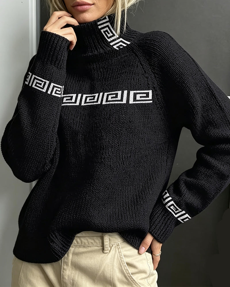 Geometric Meander Turtleneck Pullover Sweater