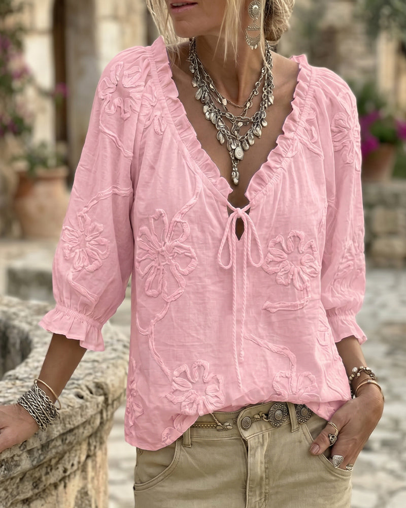 100% Cotton V-Neck Wrap Tie Ruffled Blouse