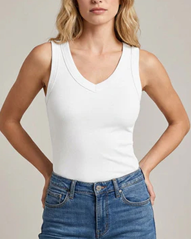 V-Neck Ribbed Solid Color Tank Top