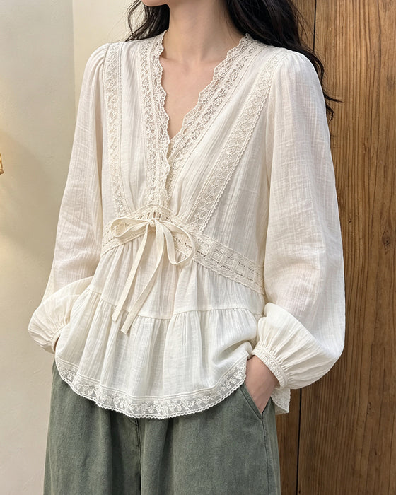 V-Neck Bubble Sleeve Lace Patchwork Flared Blouse
