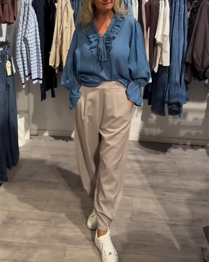 Ruffle Trim Tie-Up Denim Blouse