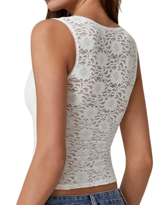 Lace Trim Square Neck Sleeveless Tank Top