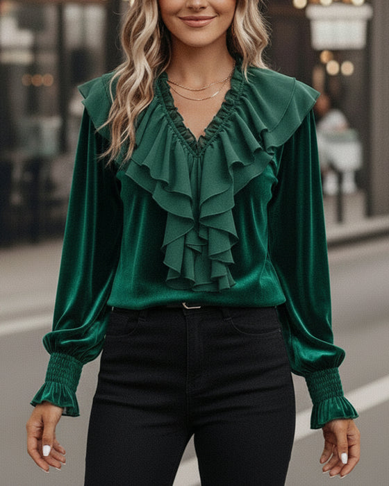 Ruffled V-Neck Long-Sleeved Velvet Top