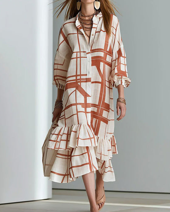 Button Stripe Ruffle Dress