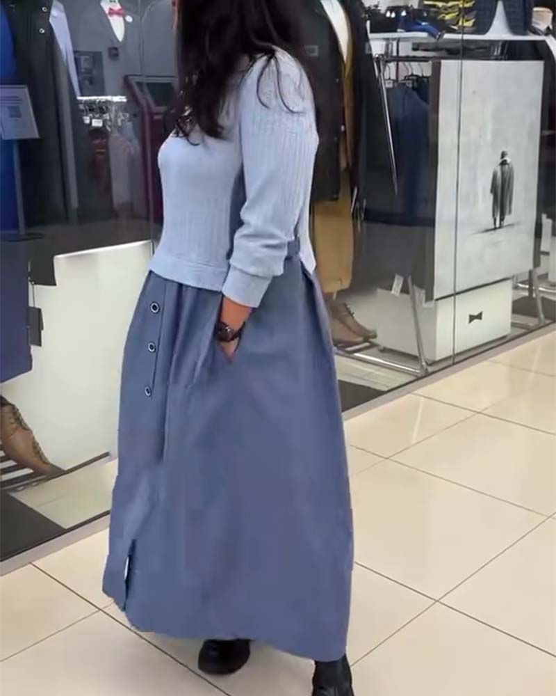 Casual Color-Blocked Round Neck Dress