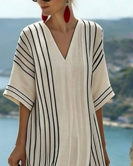 Off White Black Stripe V Neck Dress