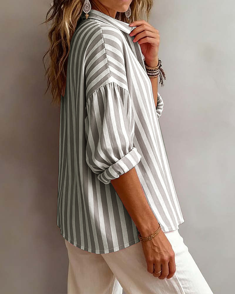 Striped Loose-Fitting Collared Blouse