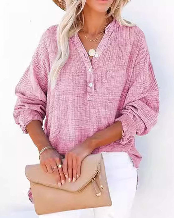 Pleated Button Long Sleeve Blouse