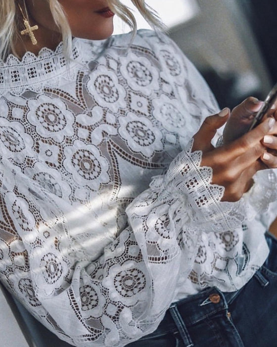 Sexy See-Through Long-Sleeved Stand-Collar Lace Blouse