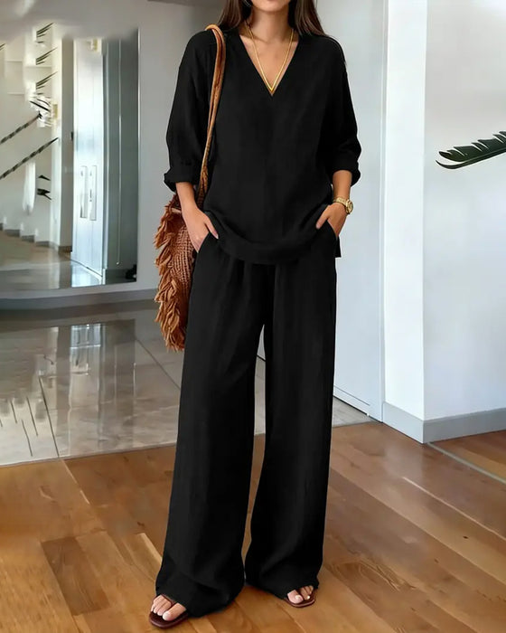 V-Neck Draped High Waist Wide Leg Set