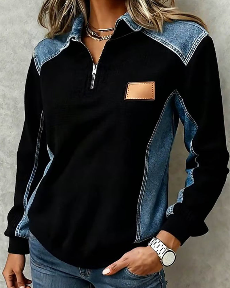 Zipper Denim Patchwork Lapel Top