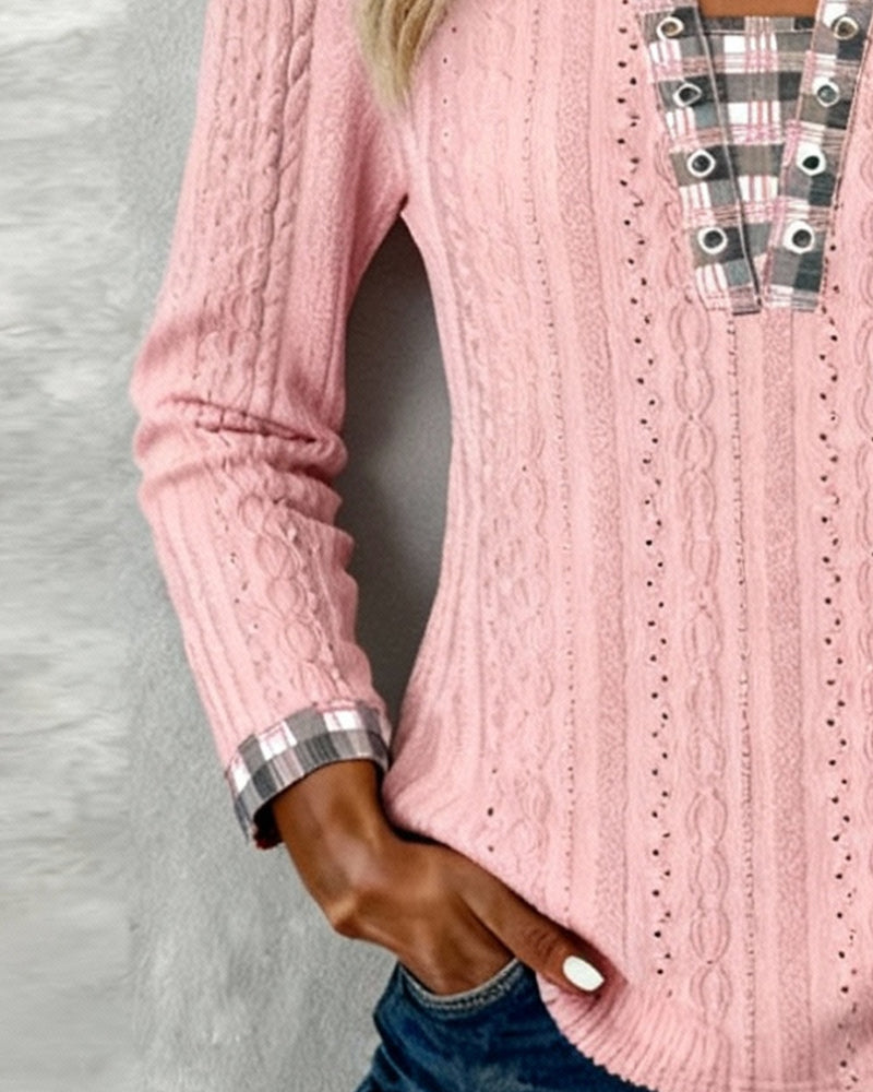 Plaid Color-Blocked Long-Sleeved Top