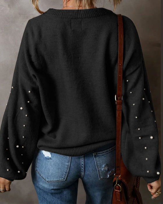 Beaded Long Sleeve Crew Neck Pullover
