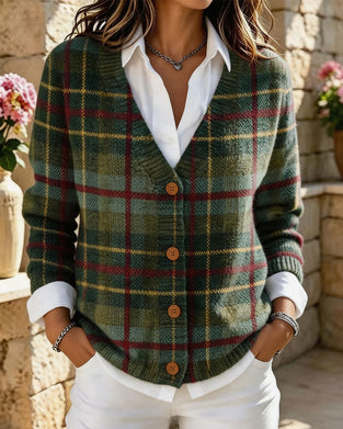 Vintage Plaid V-Neck Button Cardigan
