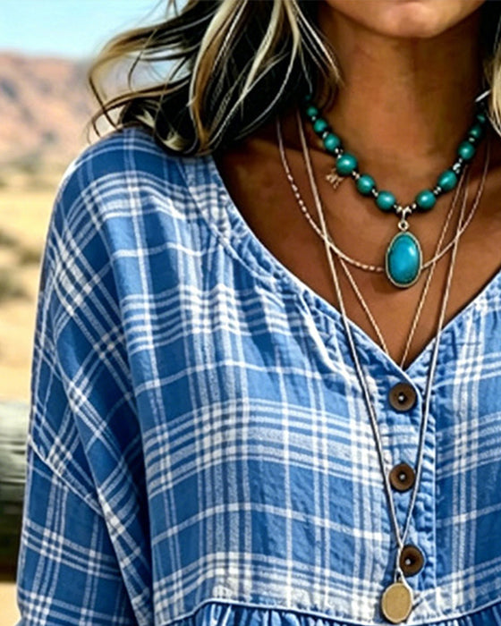 Vintage Plaid V-Neck Blouse