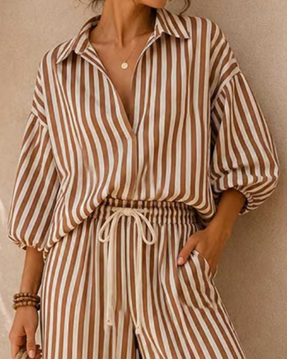 Shirt Collar Stripe Wide Leg Lantern Sleeve Set