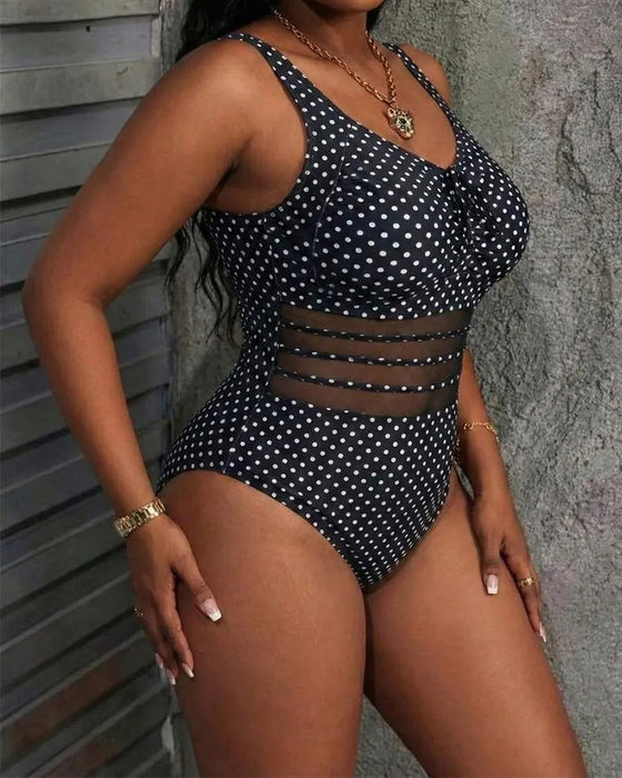 Lace-Up Polka-Dot Mesh One-Piece
