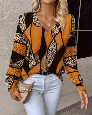 V-Neck Hollow Leopard Print Jumper