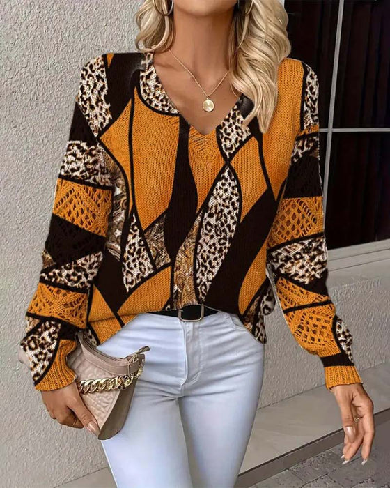 V-Neck Hollow Leopard Print Jumper