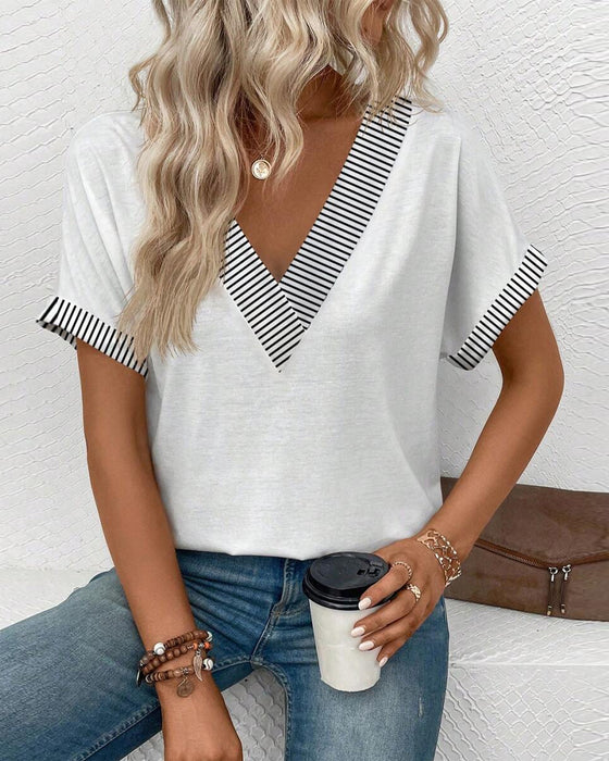 V-Neck Striped Contrast Casual Blouse