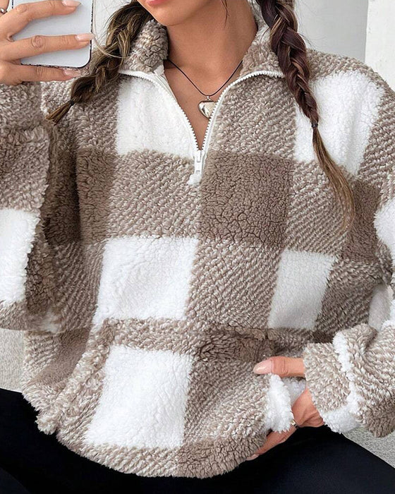 Half-Zip Stand Collar Plaid Sweatshirt