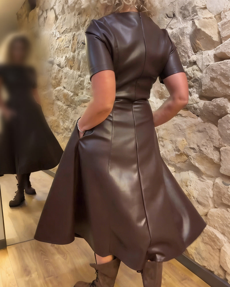 Pu Leather Waisted Short-Sleeved Dress