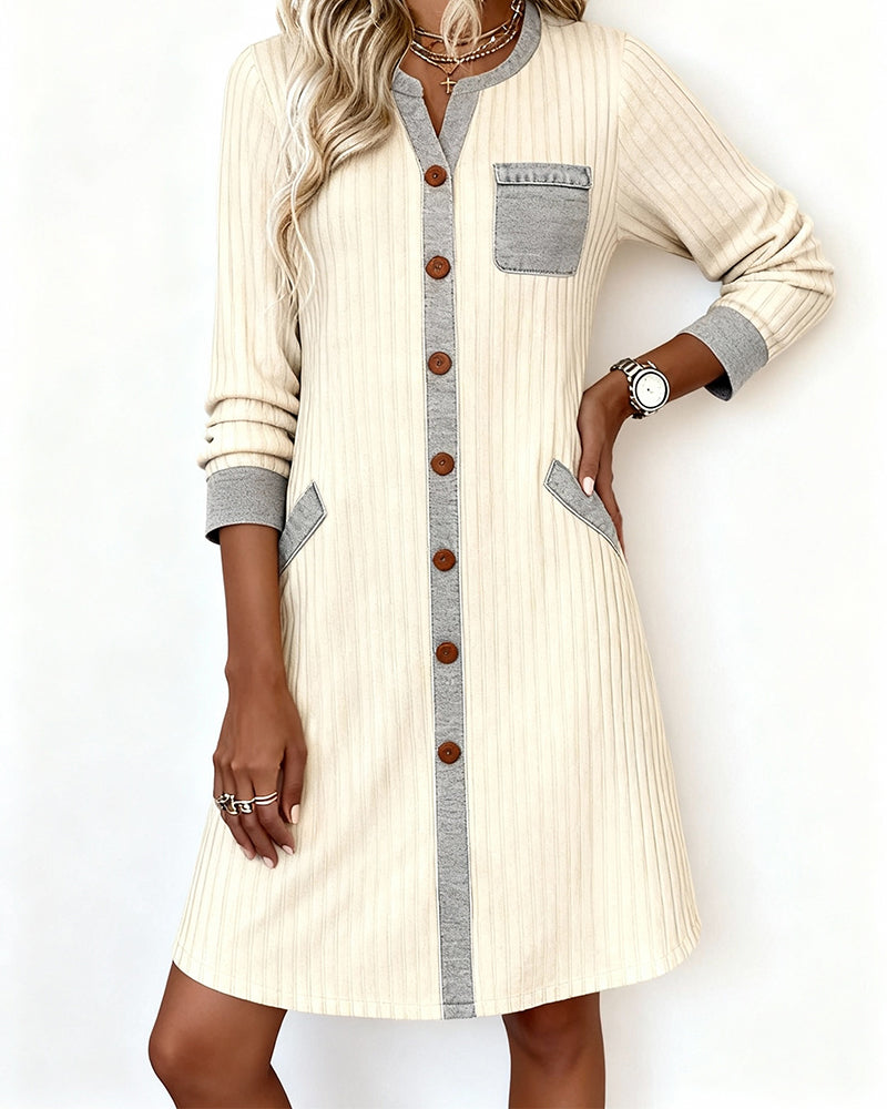 Ribbed Color-Blocked Button Dress
